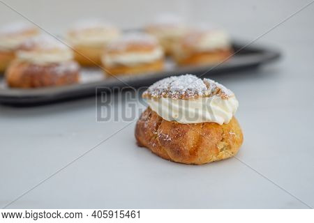 Traditional Home Made Swedish Semlor Pastry On A Table