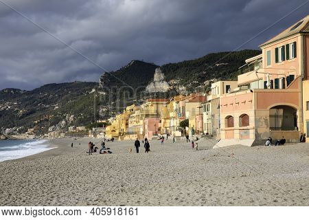 Varigotti (sv), Italy - December 30, 2017: Varigotti Beach, Italian Riviera, Savona, Liguria, Italy