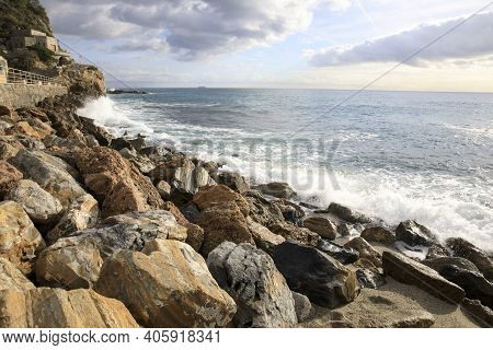 Varigotti (sv), Italy - December 30, 2017: Varigotti Beach, Italian Riviera, Savona, Liguria, Italy