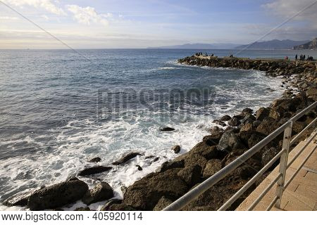 Varigotti (sv), Italy - December 30, 2017: Varigotti Beach, Italian Riviera, Savona, Liguria, Italy