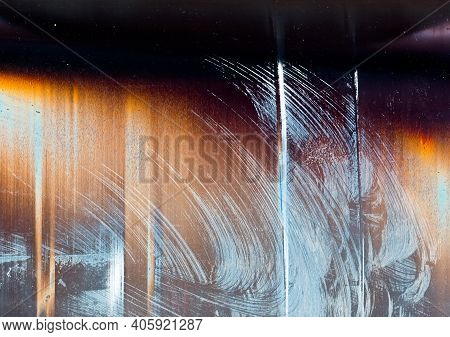 Colorful Abstract Background. Distressed Texture. Blue Smeared Acrylic Paint Blush Strokes On Glitch