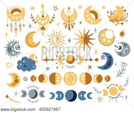Celestial Lunar Boho Clipart Set, Isolated Moon Phases, Sun And Stars On White Background, Kids Myst