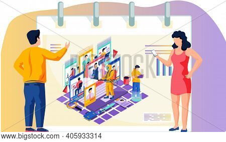 People Work Online While Sanitary Worker Treat Their Workplace With Disinfectant Solution. Man And W