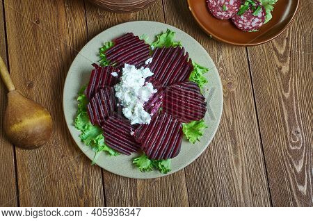 Patzaria Salata, Greek-style Beet Salad  Close Up Appetizer Lifestyle
