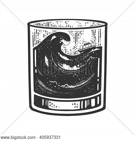 Ship In Storm In Glass Sketch Engraving Vector Illustration. T-shirt Apparel Print Design. Scratch B
