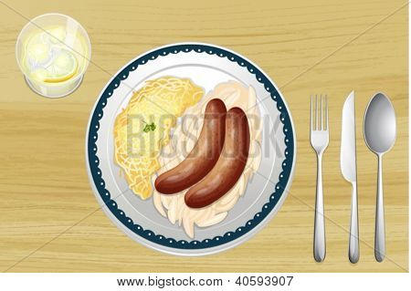 Illustration of sausages with spaetzle on a wooden background