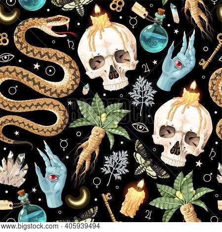 Seamless Magic Pattern With Supply For Witchcraft