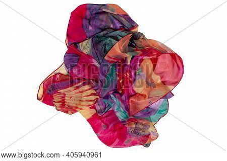 Silk Neckerchief Isolated. Closeup Of A Beautifully Folded Multicolored Silk Scarf Or Headscarf With