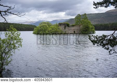 Aviemore , Scotland - May 23 , 2019 : Loch An Eilein Castle, Old Castle Of The Wolf Of Badenoch On A