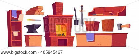 Forge Or Blacksmith Stuff And Furniture, Burning Oven, Sword, Anvil, Scoop And Hammer With Wood Logs