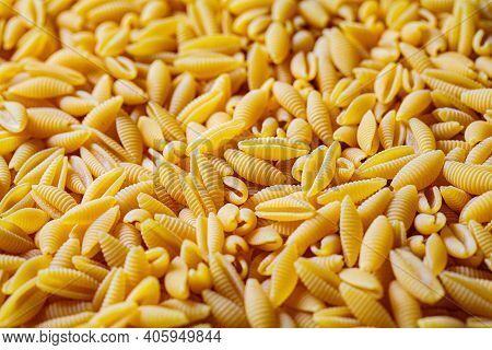 Italian Pasta Concept. Uncooked Raw Italian Gnocchetti Pasta Background.