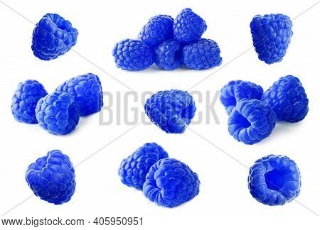Set Of Fresh Blue Raspberries On White Background
