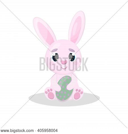 Cute Cartoon Rabbit Pink Easter Bunny With Easter Egg In Paws Isolated Vector Illustrations On White