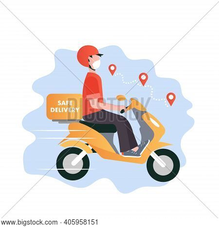 Flat Banner With Safe Delivery Vector Concept. Covid Protected Delivery.  Transportation Service. Fo