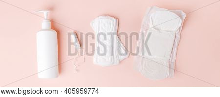 Girl, Women Intimate Hygiene Products - Sanitary Pads, Daily Pads, Intmate Liquid Soap And Tampon On