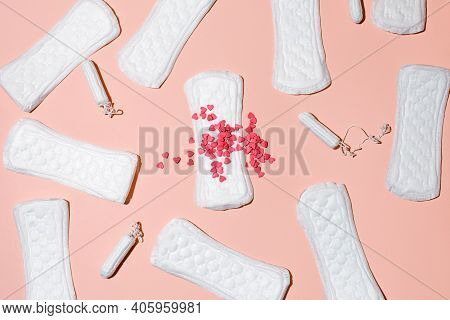 Girl, Women Intimate Hygiene Products - Sanitary Pads With Blood, Daily Pads And Tampon On Pink Back