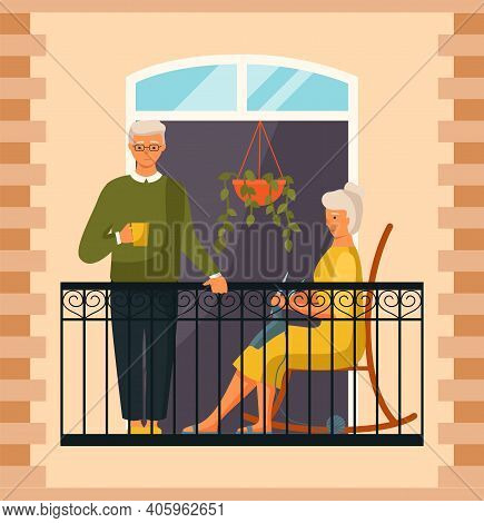 Elderly Couple, Man With Cup And Woman Is Knitting A Scarf Sitting On The Balcony Of Their House. Pe