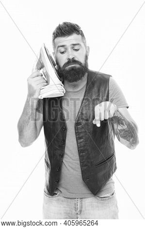 Mobile Call. Mobile Communication. Guy Bearded Hipster Master Of Communications. Calling Phone. Bear