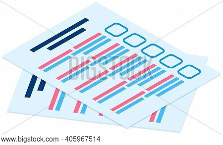 Stack Of Blank Survey Checklist Sheets. Education Test, Questionnaire, Document Flat Vector Illustra