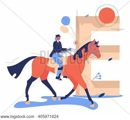Equestrian Sport Concept Illustration With Woman Jockey Riding Horse. Capital Letter E On Background