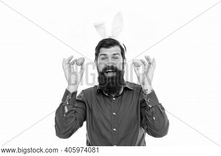 Celebration Of Feast Of Feasts. Bearded Man Hold Paschal Eggs. Happy Hipster Celebrate Pascha. Pasch