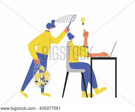 Avoid Plagiarism Concept, Infringement Of Copyright. Young Woman Have An Idea And Bulgar Stealing It