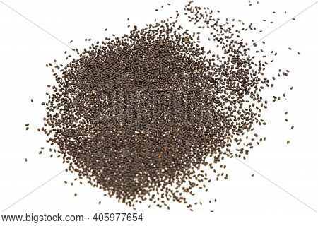Many Basil Or Ocimum Basilicum Seeds Spreading On Isolated White Background