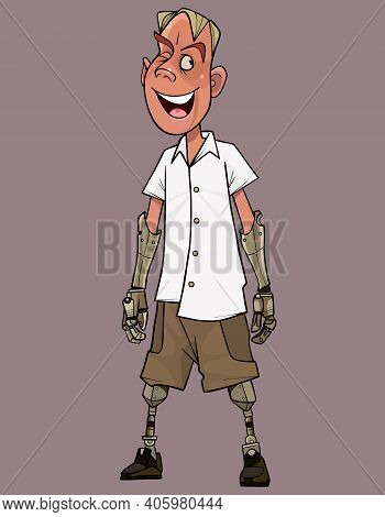 Joyful Cartoon Guy Biorobot With Metal Legs And Arms Winks Cheerfully