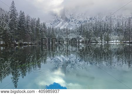 Amazing Winter Landscape With Snowy Mountains And Clear Waters Of Green Lake (gruner See), Famous To