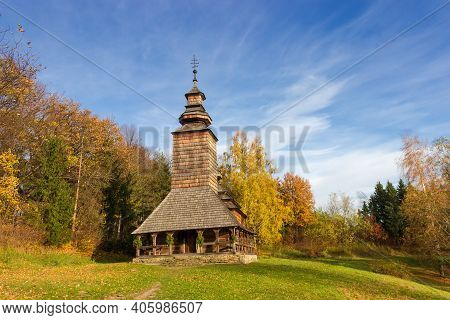Old Wooden Church Of Veil Of The Mother Of God With Walls And Roof Covered With Wooden Shingles, Bui