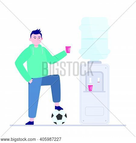 Football Player Drinking Water At Cooler. Male Athlete, Soccer, Sportsman Flat Vector Illustration. 
