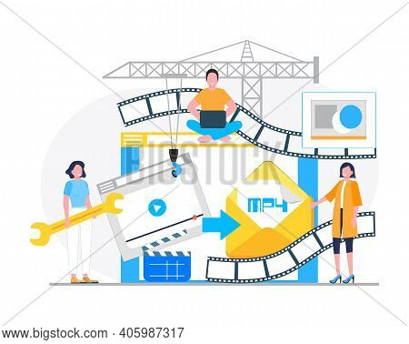 Mp4 Converter Concept With Tiny People. Screen With Changing Or Converting Process Of Document To An