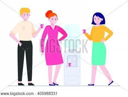 Positive People Drinking Water At Cooler. Office Colleagues, Chatting, Break Flat Vector Illustratio