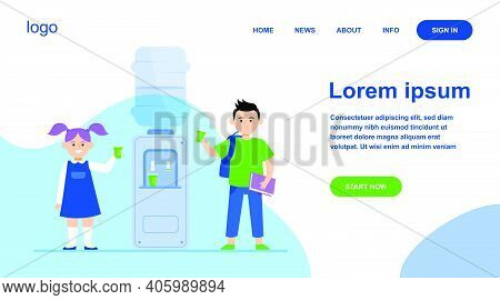Happy Children Drinking Water At Cooler. Students, Boy And Girl, School Hallway Flat Vector Illustra