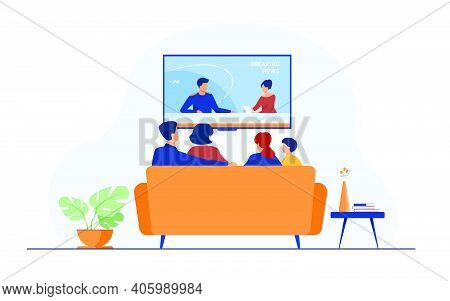 Breaking News Concept. Back View Of Family Couple And Children Sitting On Sofa In Living Room, Watch