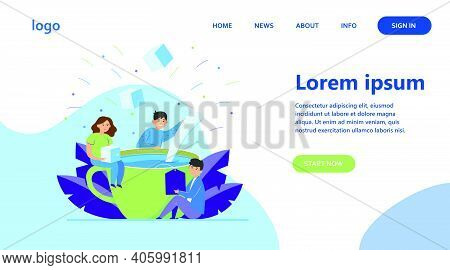 Happy People Mixing Sugar In Big Cup Of Tea. Spoon, Office, Lunch Flat Vector Illustration. Hot Beve