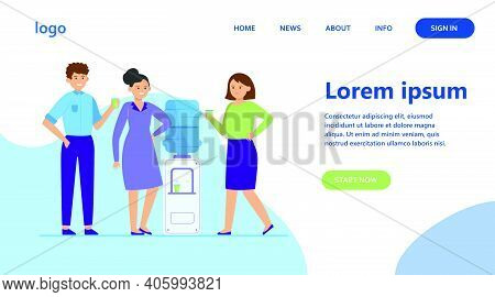Positive People Drinking Water At Cooler. Office Colleagues, Chatting, Break Flat Vector Illustratio