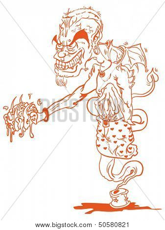 cartoon illustration of a devil ginnie holding a brain