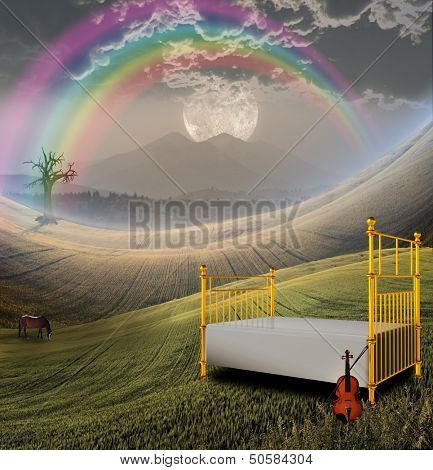 Bed and Violin in Peaceful Landscape with Mountain