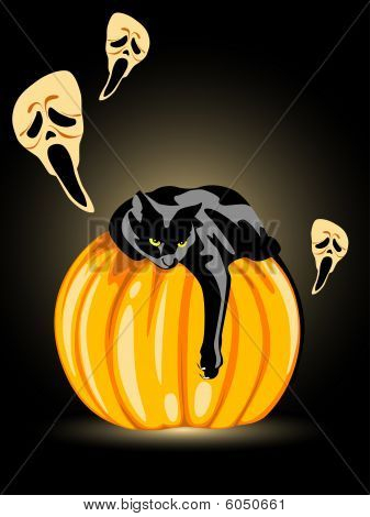 Halloween græskar, ghost og sort kat