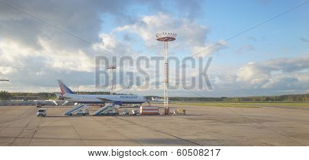 MOSCOW, RUSSIA - SEPTEMBER 26, 2013: Transaero jet aircraft in Domodedovo airport of Moscow on September 26, 2013. Transaero began as a charter airline with aircraft leased from Aeroflot