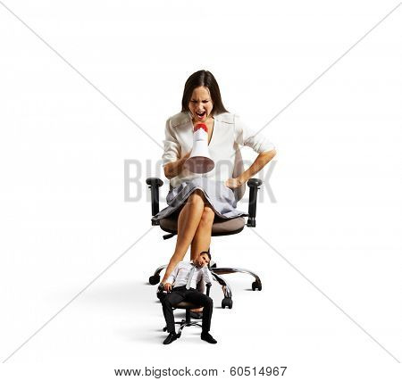 businesswoman screaming at tired small businessman over white background