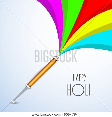 Indian festival Happy Holi celebrations with glossy colours splash coming out from a pichkari on blue background.