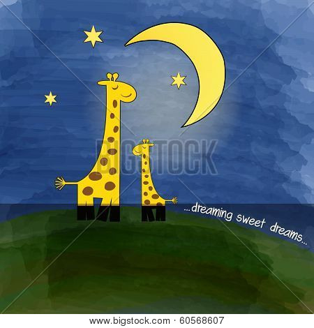 Mother-giraffe And Baby-giraffe At Night