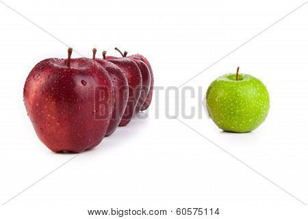 Maroon Apples Lined Up In A Row And Green Apple Closeup
