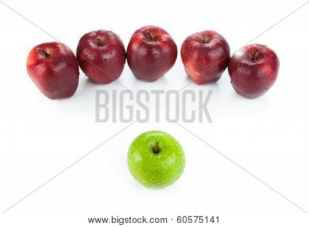 Maroon Apples Lined Up In A Row And Green Apple Closeup