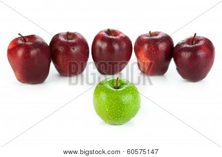 Maroon Apples Lined Up In A Row And Green Apple Closeup