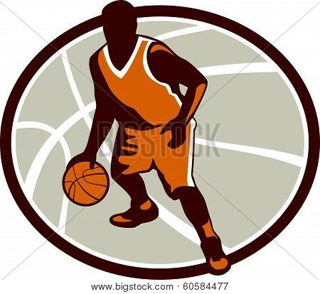 Basketball Player Dribbling Ball Oval Retro