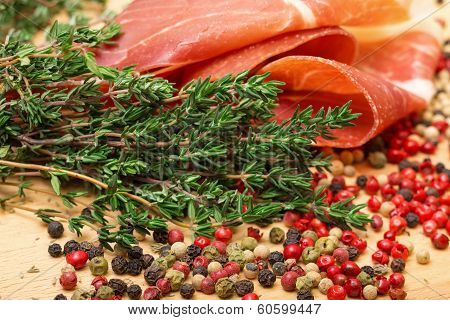 Dry Thyme, Multicolored Peppercorn And Hamon