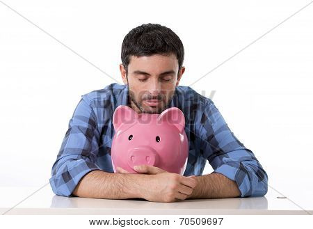 Sad Worried Man In Stress With Piggy Bank In Bad Financial Situation